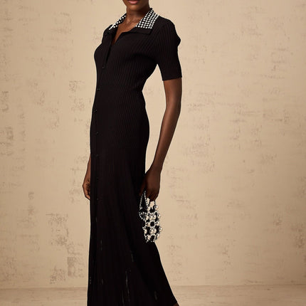 Bailey Black Knitted Midi Dress with Stud Embellishment and Front Button Fastening