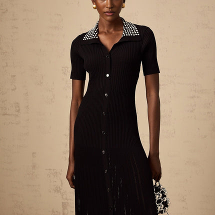 Bailey Black Knitted Midi Dress with Stud Embellishment and Front Button Fastening