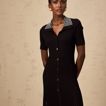 Bailey Black Knitted Midi Dress with Stud Embellishment and Front Button Fastening