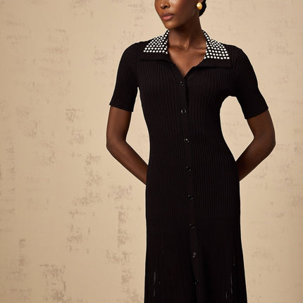 Bailey Black Knitted Midi Dress with Stud Embellishment and Front Button Fastening