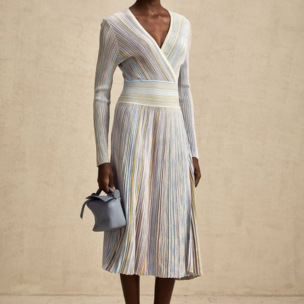 Bailey Light Purple & Multicolor Ribbed Knit Midi Dress with Metallic Threading and Elasticated Waist