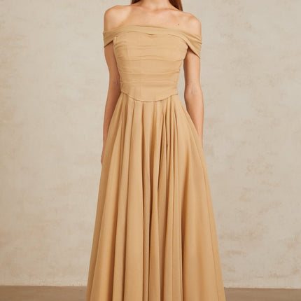 Bailey Maxi Dress Brown Ruched Tulle Off Shoulder for Special Occasions
