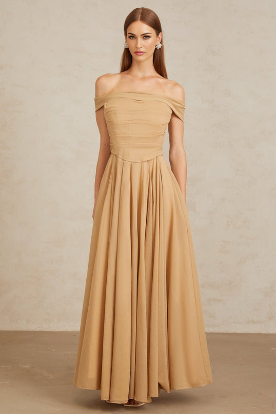Bailey Maxi Dress Brown Ruched Tulle Off Shoulder for Special Occasions