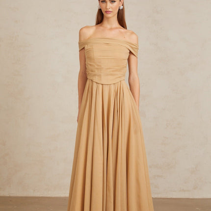 Bailey Maxi Dress Brown Ruched Tulle Off Shoulder
