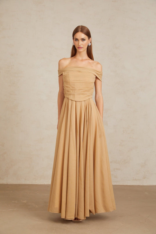 Bailey Maxi Dress Brown Ruched Tulle Off Shoulder