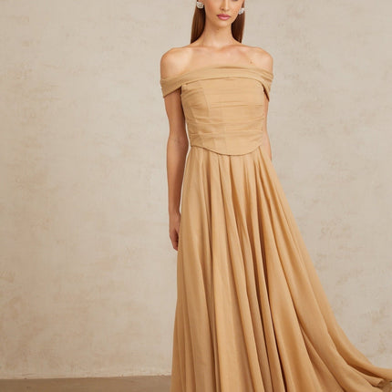 Bailey Maxi Dress Brown Ruched Tulle Off Shoulder