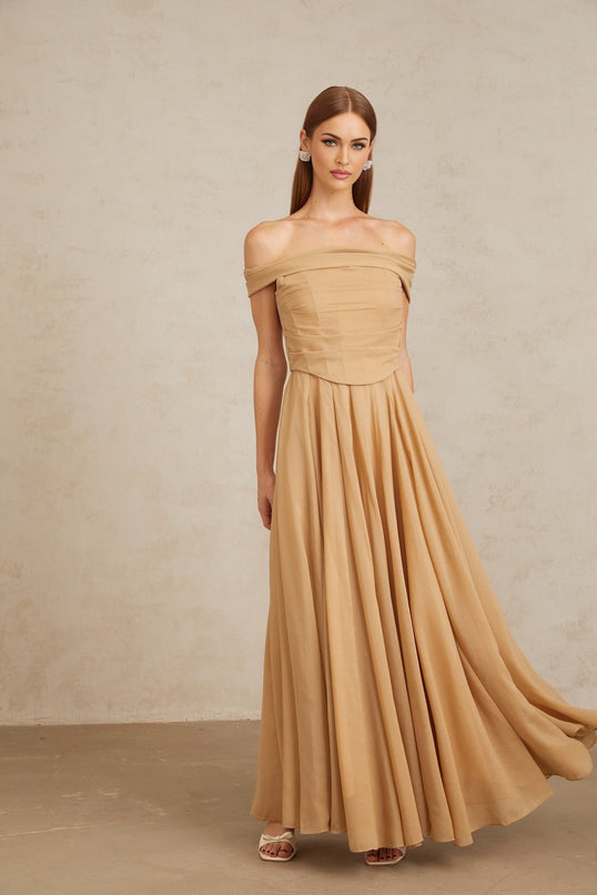 Bailey Maxi Dress Brown Ruched Tulle Off Shoulder