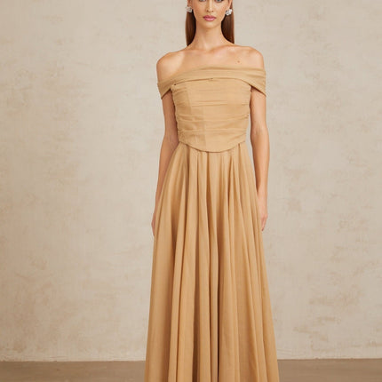Bailey Maxi Dress Brown Ruched Tulle Off Shoulder