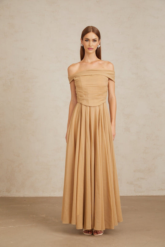 Bailey Maxi Dress Brown Ruched Tulle Off Shoulder