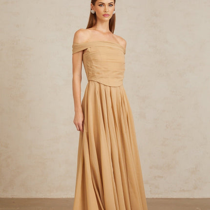 Bailey Maxi Dress Brown Ruched Tulle Off Shoulder
