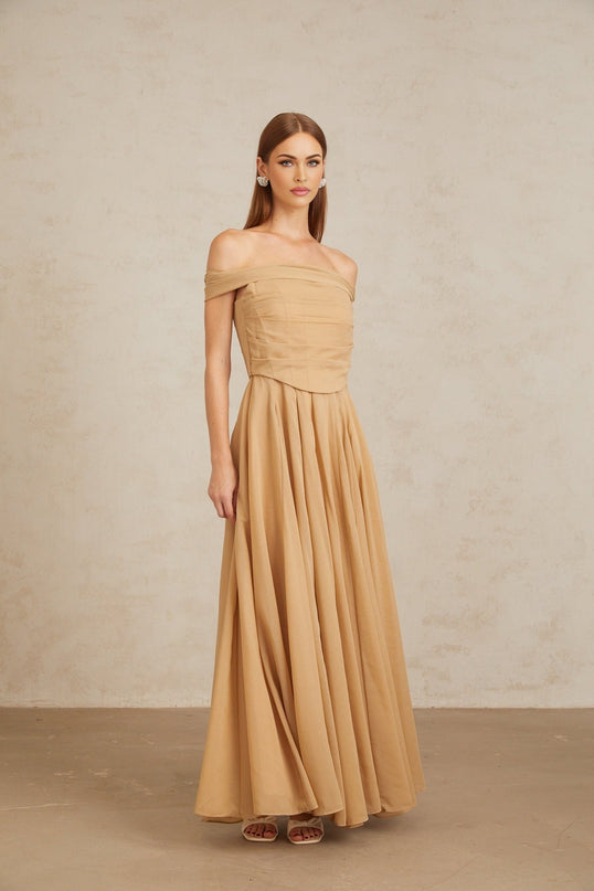 Bailey Maxi Dress Brown Ruched Tulle Off Shoulder