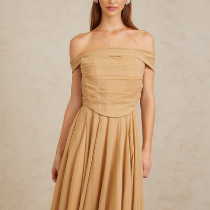 Bailey Maxi Dress Brown Ruched Tulle Off Shoulder