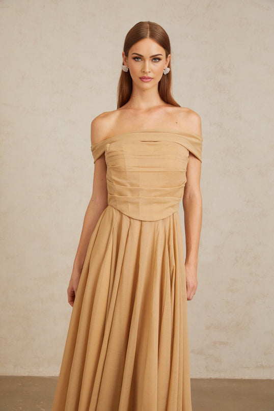 Bailey Maxi Dress Brown Ruched Tulle Off Shoulder