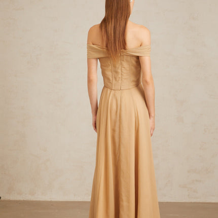 Bailey Maxi Dress Brown Ruched Tulle Off Shoulder