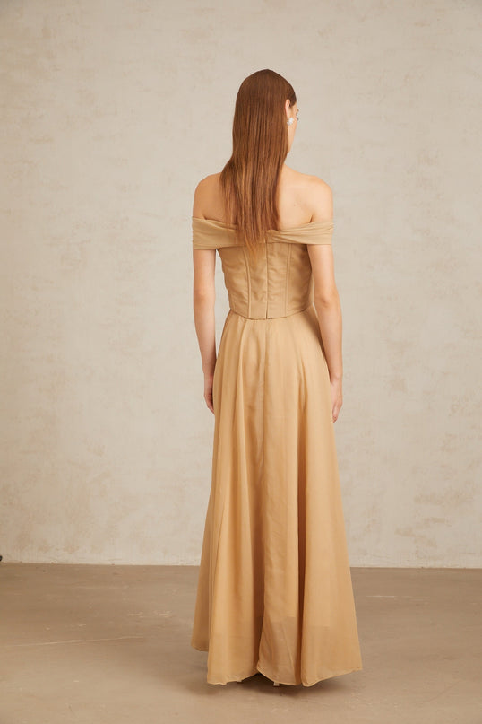 Bailey Maxi Dress Brown Ruched Tulle Off Shoulder