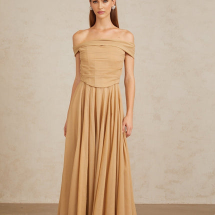Bailey Maxi Dress Brown Ruched Tulle Off Shoulder