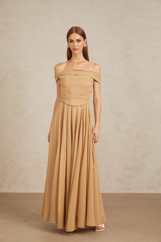 Bailey Maxi Dress Brown Ruched Tulle Off Shoulder