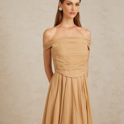 Bailey Maxi Dress Brown Ruched Tulle Off Shoulder