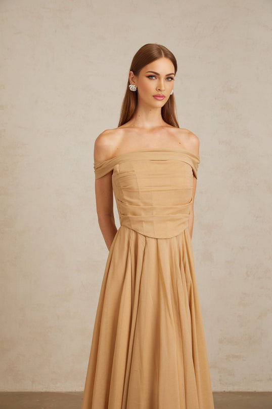 Bailey Maxi Dress Brown Ruched Tulle Off Shoulder