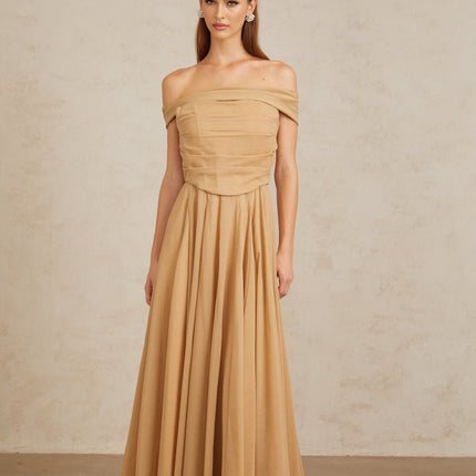 Bailey Maxi Dress Brown Ruched Tulle Off Shoulder