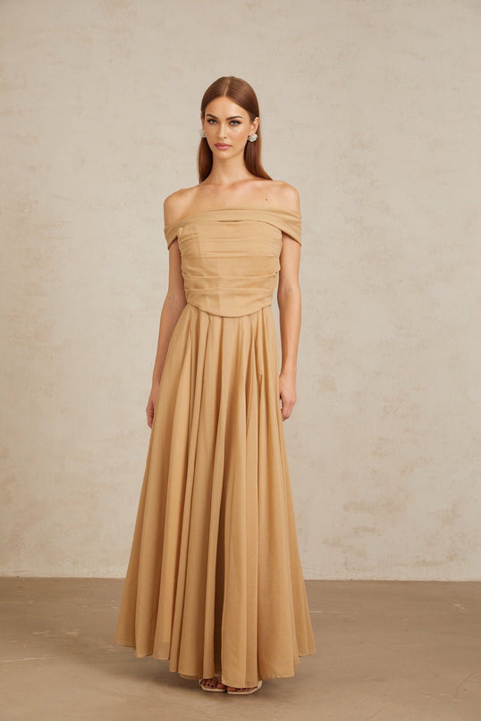 Bailey Maxi Dress Brown Ruched Tulle Off Shoulder