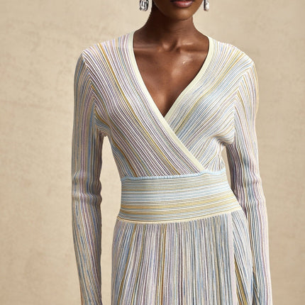 Bailey Midi Dress in Light Purple & Multicolor Ribbed Knit with V-Neck and Metallic Threading