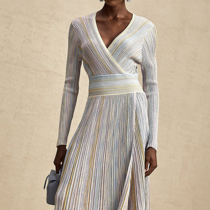 Bailey Midi Dress Light Purple & Multicolor Ribbed Knit V-Neck Long Sleeve Vertical Stripe Metallic Threading Elasticated Waist Calf Length