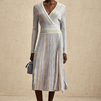 Bailey Midi Dress Light Purple & Multicolor Ribbed Knit V-Neck Long Sleeve Vertical Stripe Metallic Threading Elasticated Waist Calf Length