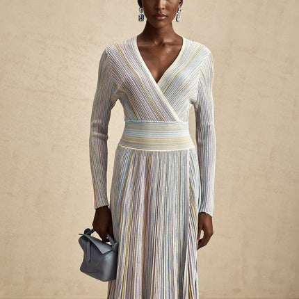 Bailey Midi Dress Light Purple & Multicolor Ribbed Knit V-Neck Long Sleeve Vertical Stripe Metallic Threading Elasticated Waist Calf Length