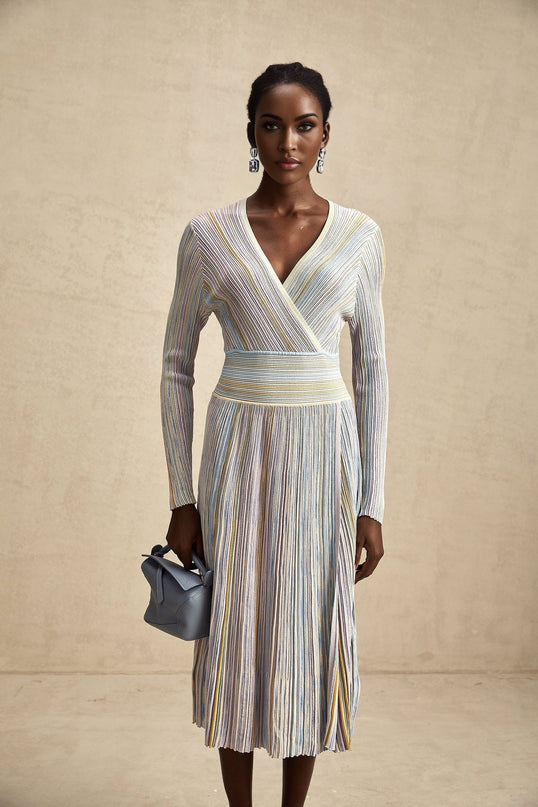 Bailey Midi Dress Light Purple & Multicolor Ribbed Knit V-Neck Long Sleeve Vertical Stripe Metallic Threading Elasticated Waist Calf Length