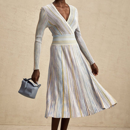 Bailey Ribbed Knit Midi Dress in Light Purple & Multicolor with Metallic Threading and Elasticated Waist