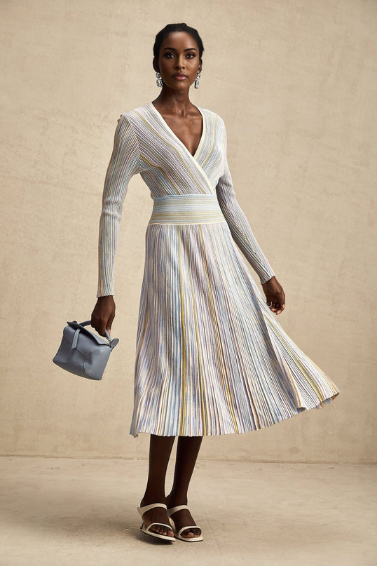 Bailey Ribbed Knit Midi Dress in Light Purple & Multicolor with Metallic Threading and Elasticated Waist