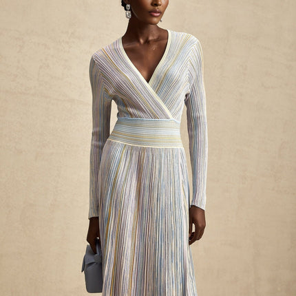 Bailey Midi Dress in Light Purple & Multicolor Ribbed Knit V-Neck Long Sleeve Vertical Stripe Pattern Metallic Threading Elasticated Waist Calf Length