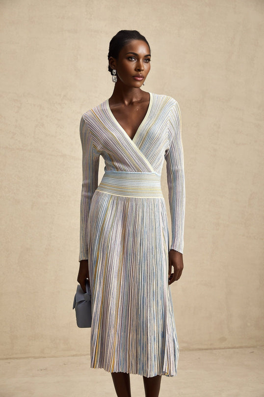 Bailey Midi Dress in Light Purple & Multicolor Ribbed Knit V-Neck Long Sleeve Vertical Stripe Pattern Metallic Threading Elasticated Waist Calf Length