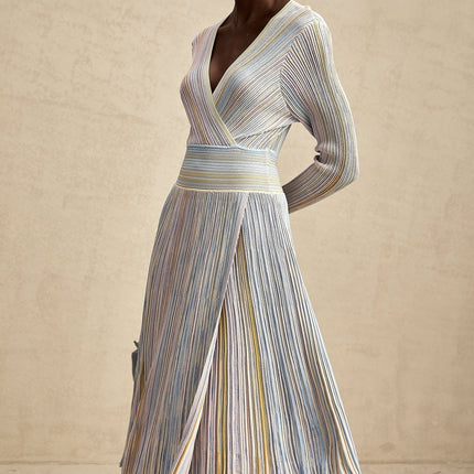 Bailey Midi Dress Light Purple & Multicolor Ribbed Knit V-Neck Long Sleeve Vertical Stripe Metallic Threading Elasticated Waist Calf Length