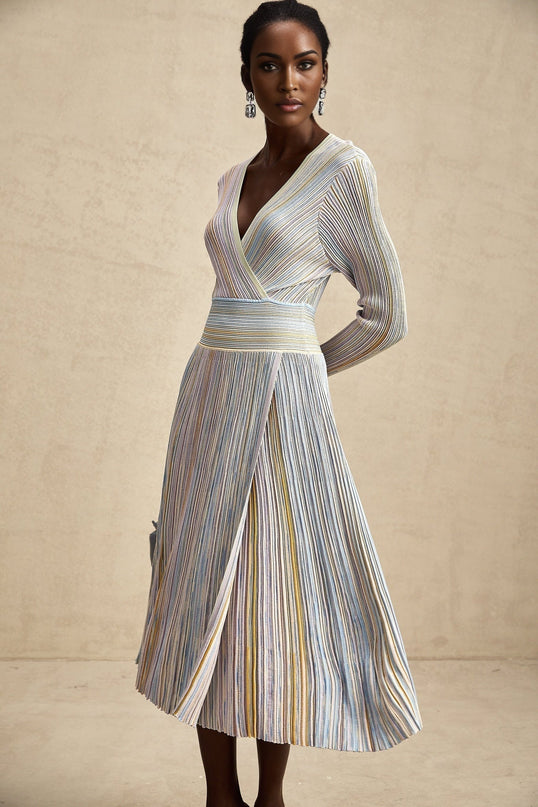 Bailey Midi Dress Light Purple & Multicolor Ribbed Knit V-Neck Long Sleeve Vertical Stripe Metallic Threading Elasticated Waist Calf Length