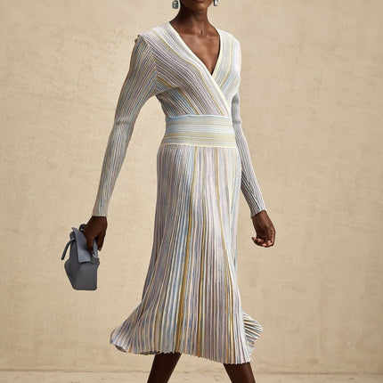 Bailey Midi Dress in Light Purple & Multicolor Ribbed Knit V-Neck Long Sleeve Vertical Stripe Metallic Threading Elasticated Waist Calf Length
