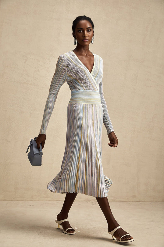 Bailey Midi Dress in Light Purple & Multicolor Ribbed Knit V-Neck Long Sleeve Vertical Stripe Metallic Threading Elasticated Waist Calf Length