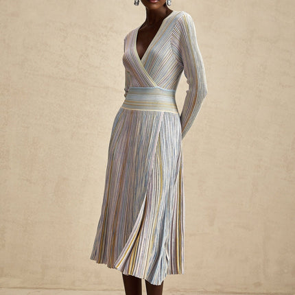 Bailey Midi Dress in Light Purple & Multicolor ribbed knit with metallic threading and V-neck
