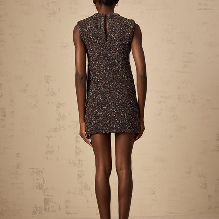 Bailey Mini Dress in Barley Brown Sequined Knit Sleeveless Round Neck Knitted Construction with Sequin Embellishments Front Patch Pockets Straight Hem Thigh-length Attire