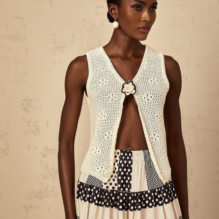 Bailey Neutrals Crochet Knit Flower Pin Top V Neck Sleeveless Front Open Vent Clasp Fastening Wool Terylene Acrylic Nylon Blend