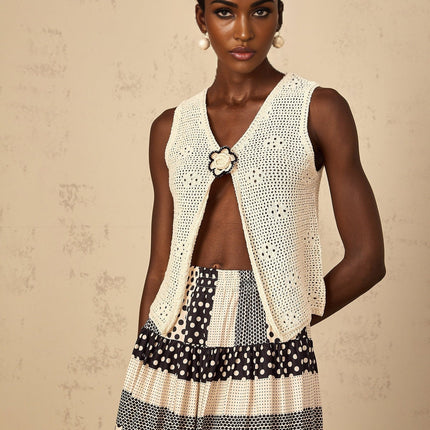 Bailey Neutrals Crochet Knit Flower Pin Top V Neck Sleeveless Front Open Vent Clasp Fastening Wool Terylene Acrylic Nylon Blend