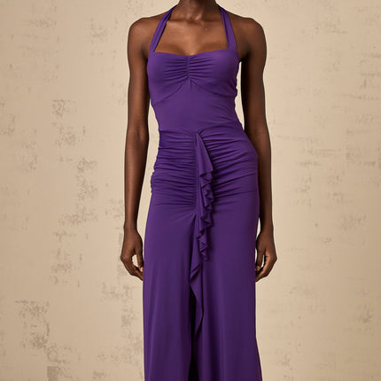 Bailey Purple Halterneck Ruched Midi Dress