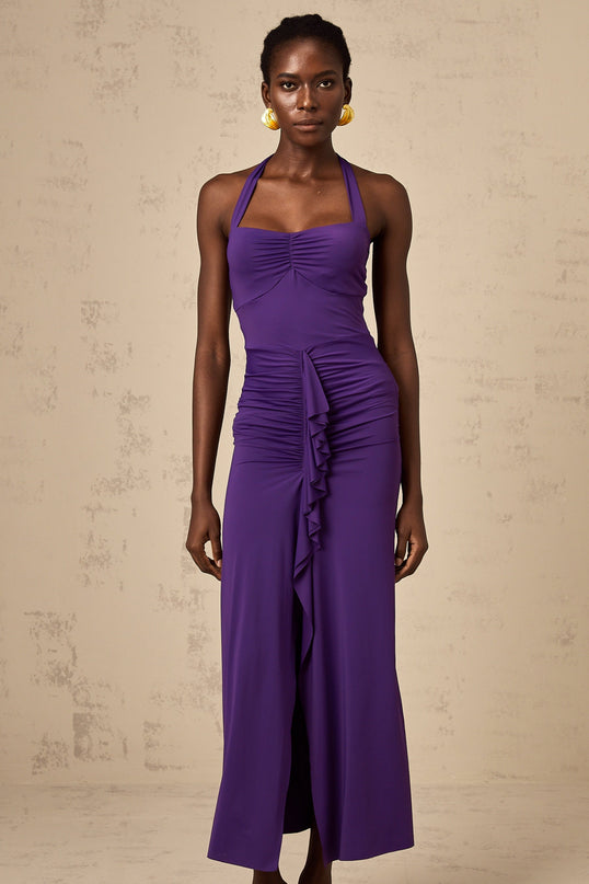 Bailey Purple Halterneck Ruched Midi Dress