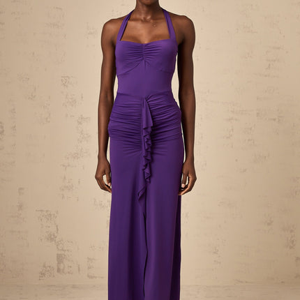 Bailey Purple Halterneck Ruched Midi Dress