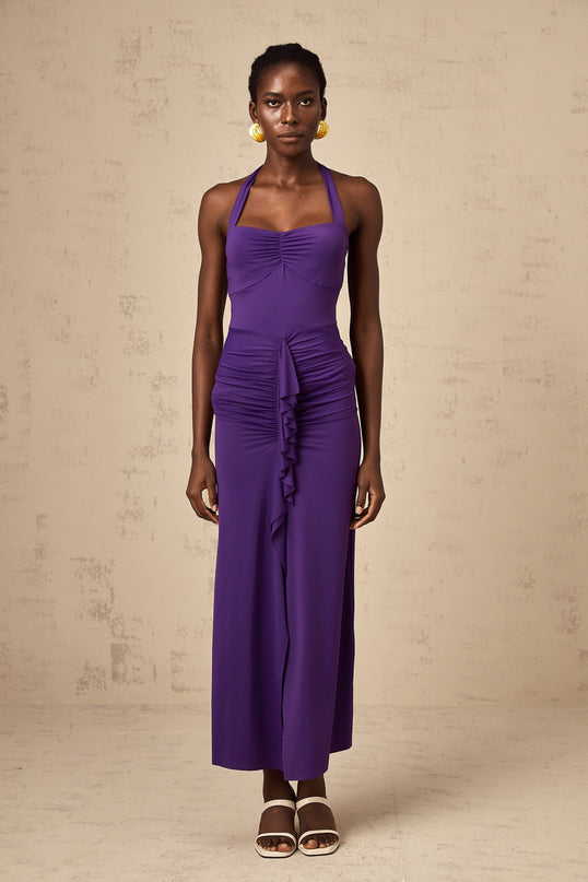 Bailey Purple Halterneck Ruched Midi Dress