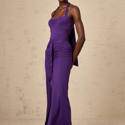 Bailey Purple Halterneck Ruched Midi Dress