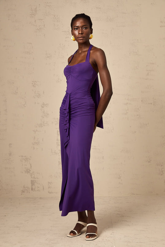 Bailey Purple Halterneck Ruched Midi Dress