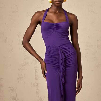 Bailey Purple Halterneck Ruched Midi Dress