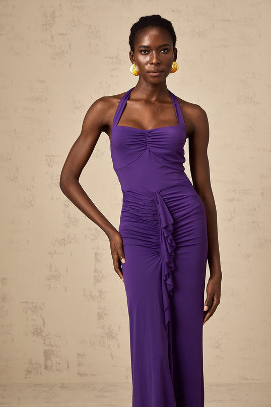 Bailey Purple Halterneck Ruched Midi Dress